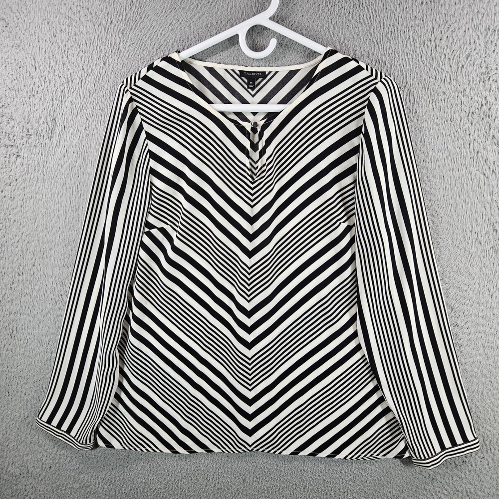 Talbots Womens Medium Black‎ White Chevron Stripe Long Sleeve Split Neck Blouse